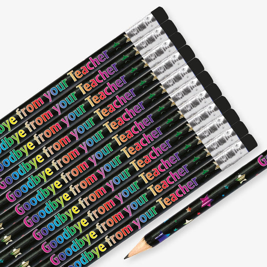 Set of 12 pre-sharpened pencils with erasers, each featuring a black background with multicoloured metallic stars and text reading 'Goodbye from your Teacher' along the side.