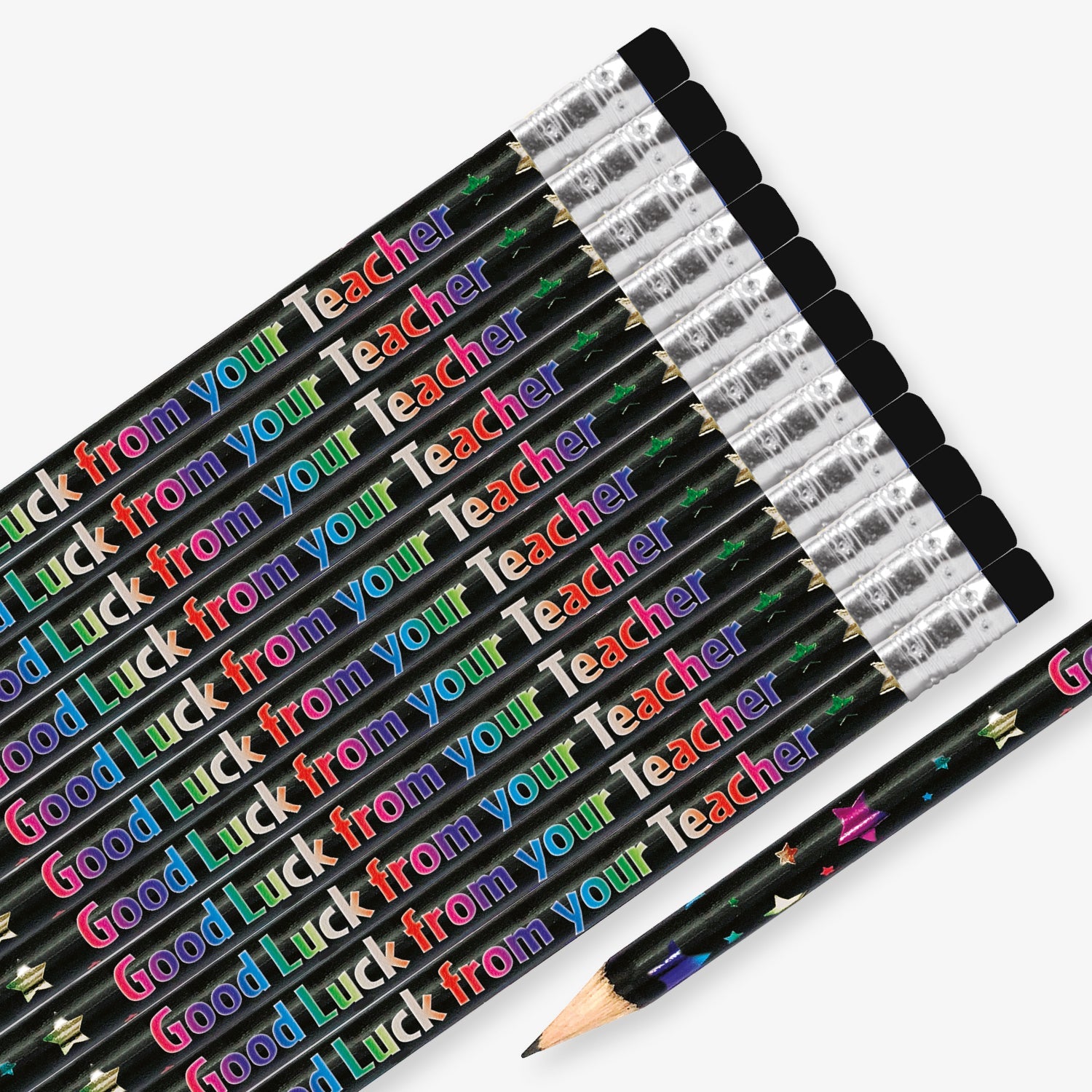 Set of 12 pre-sharpened pencils with erasers, each featuring a black background with multicoloured metallic stars and text reading 'Good Luck from your Teacher' along the side.