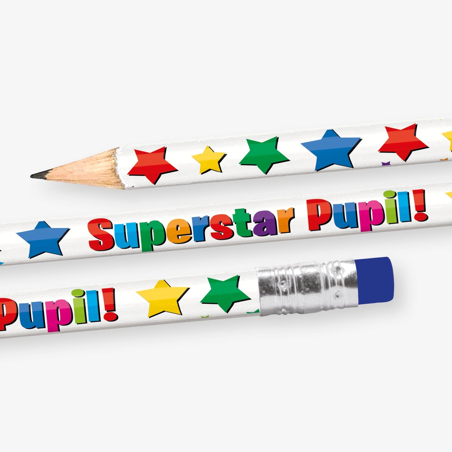 A close up of a pre-sharpened pencil with eraser, featuring a white background with multicoloured stars with the wording  'Superstar Pupil!' in multicolured text