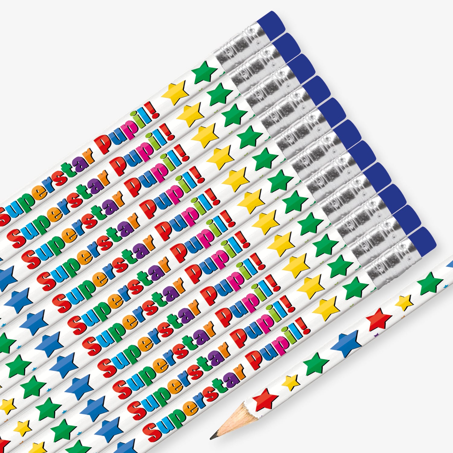 Set of 12 pre-sharpened pencils with erasers, each featuring a white background with multicoloured stars with the wording  'Superstar Pupil!' in multicolured text