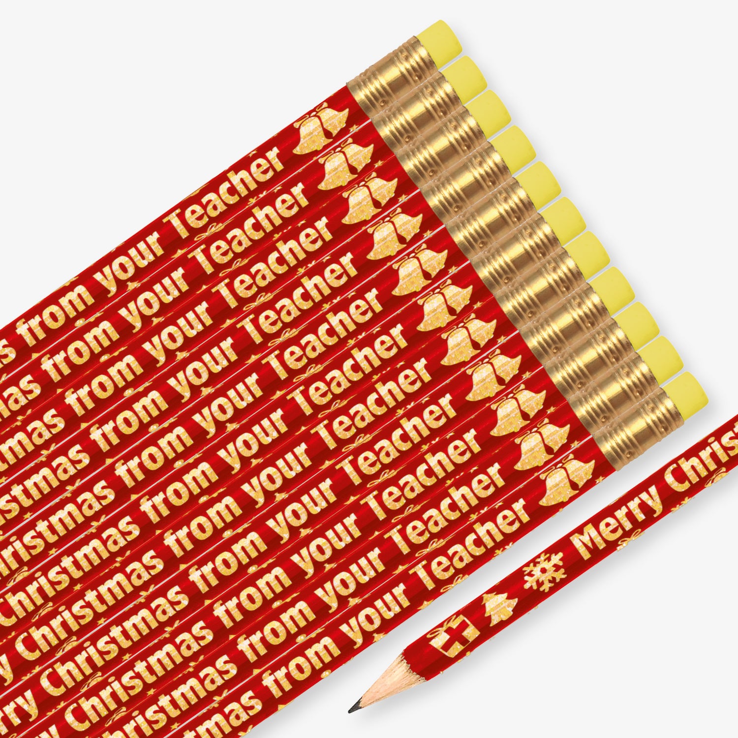 Set of 12 pre-sharpened pencils with erasers, each featuring a red background with gold metallic festive icons and text reading 'Merry Christmas from your Teacher' along the side.