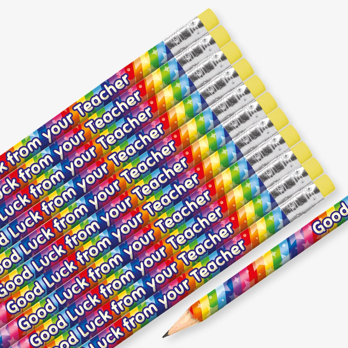 Set of 12 pre-sharpened pencils with erasers, each featuring a vibrant rainbow background with stars and bold yellow and white text reading 'Good Luck from your Teacher' along the side.