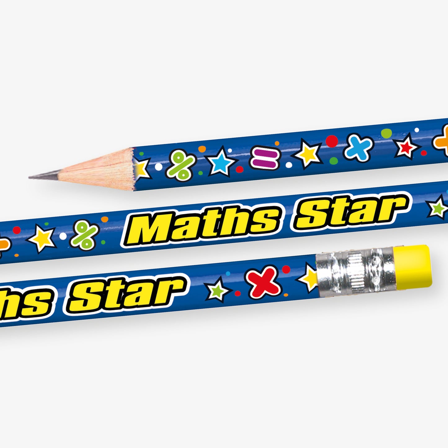 A close up of a pre-sharpened pencil with eraser, featuring a vibrant blue background with maths symbols and stars with the wording  'Maths Star' in yellow text.