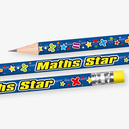 A close up of a pre-sharpened pencil with eraser, featuring a vibrant blue background with maths symbols and stars with the wording  'Maths Star' in yellow text.