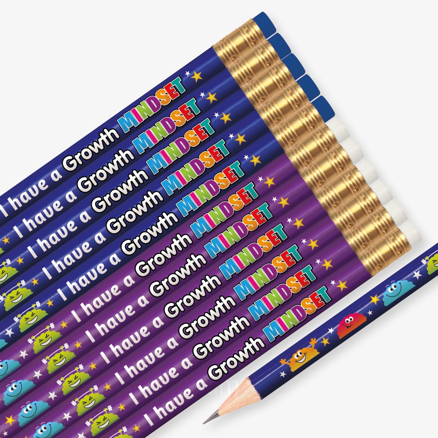 Set of 12 pre-sharpened pencils with erasers, each featuring either a vibrant blue or purple background with positivity multicoloured brains and bold white text reading 'I have a Growth Mindset' along the side