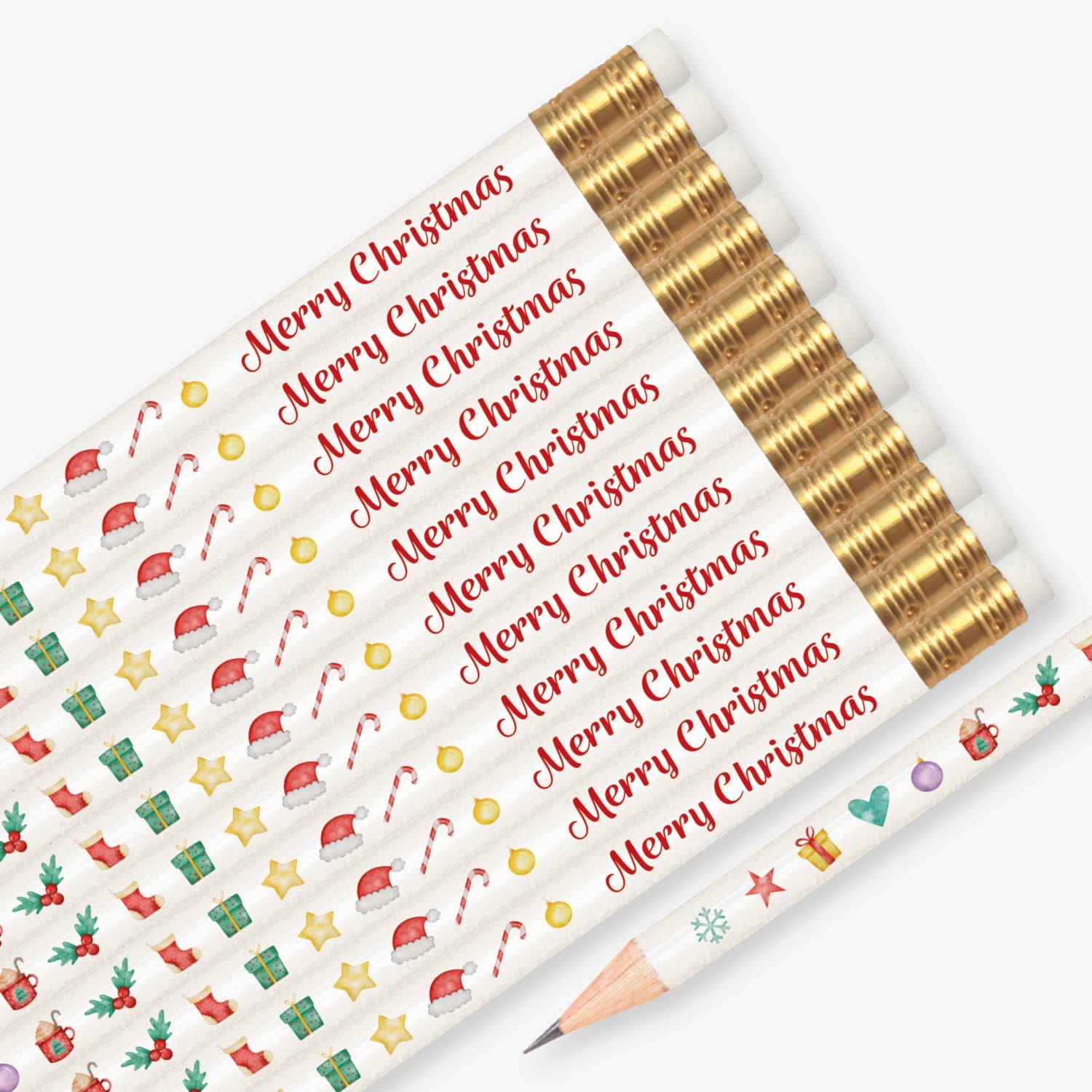 Set of 12 pre-sharpened pencils with erasers, each featuring a white background with festive characters and icons and script red text reading 'Merry Christmas' along the side.
