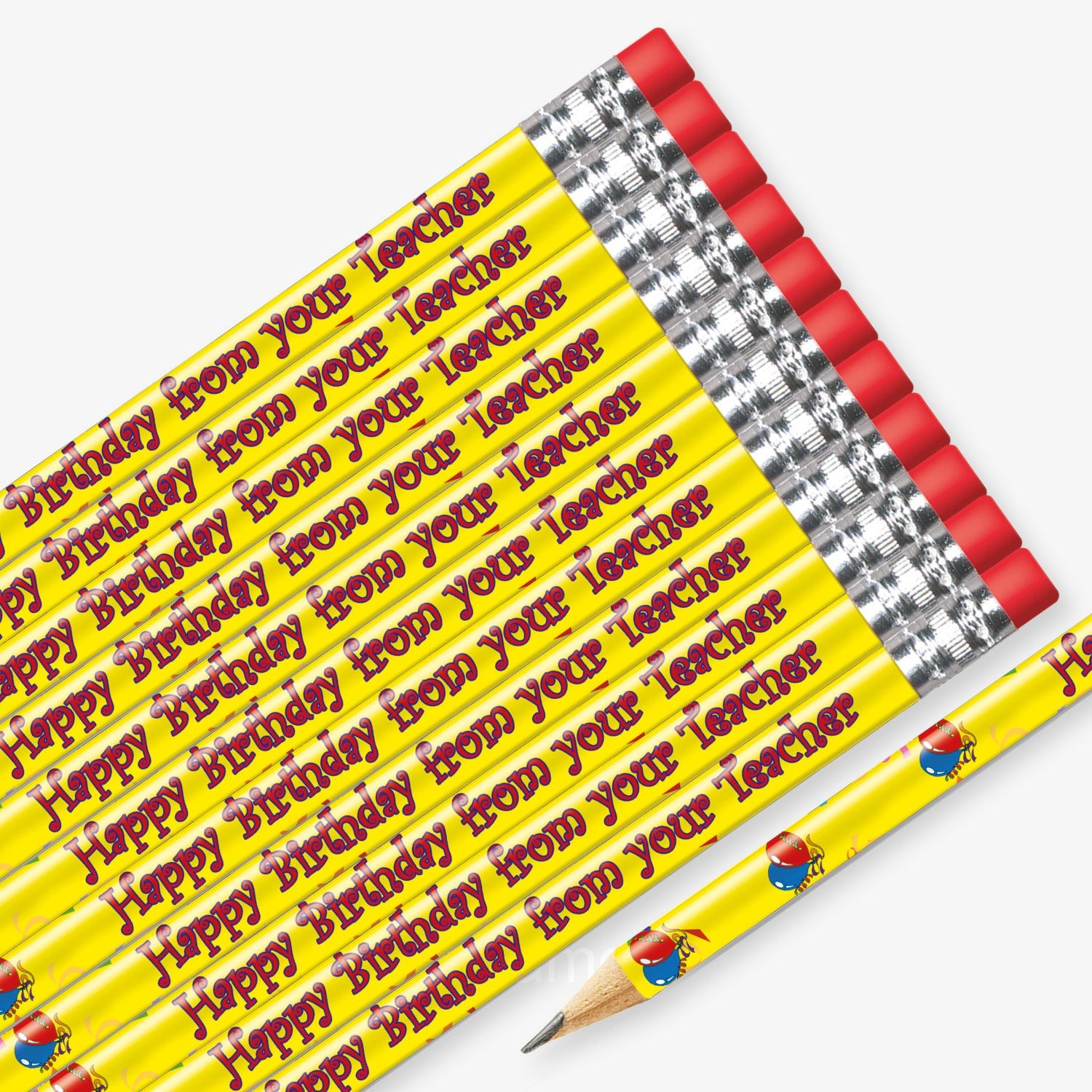 Set of 12 pre-sharpened pencils with erasers,  each featuring a vibrant yellow background with presents and streamers and bold red text reading 'Happy Birthday from your Teacher' along the side.