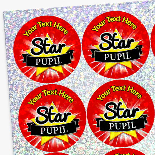 Red stickers with 'Star Pupil' text on a glittery background