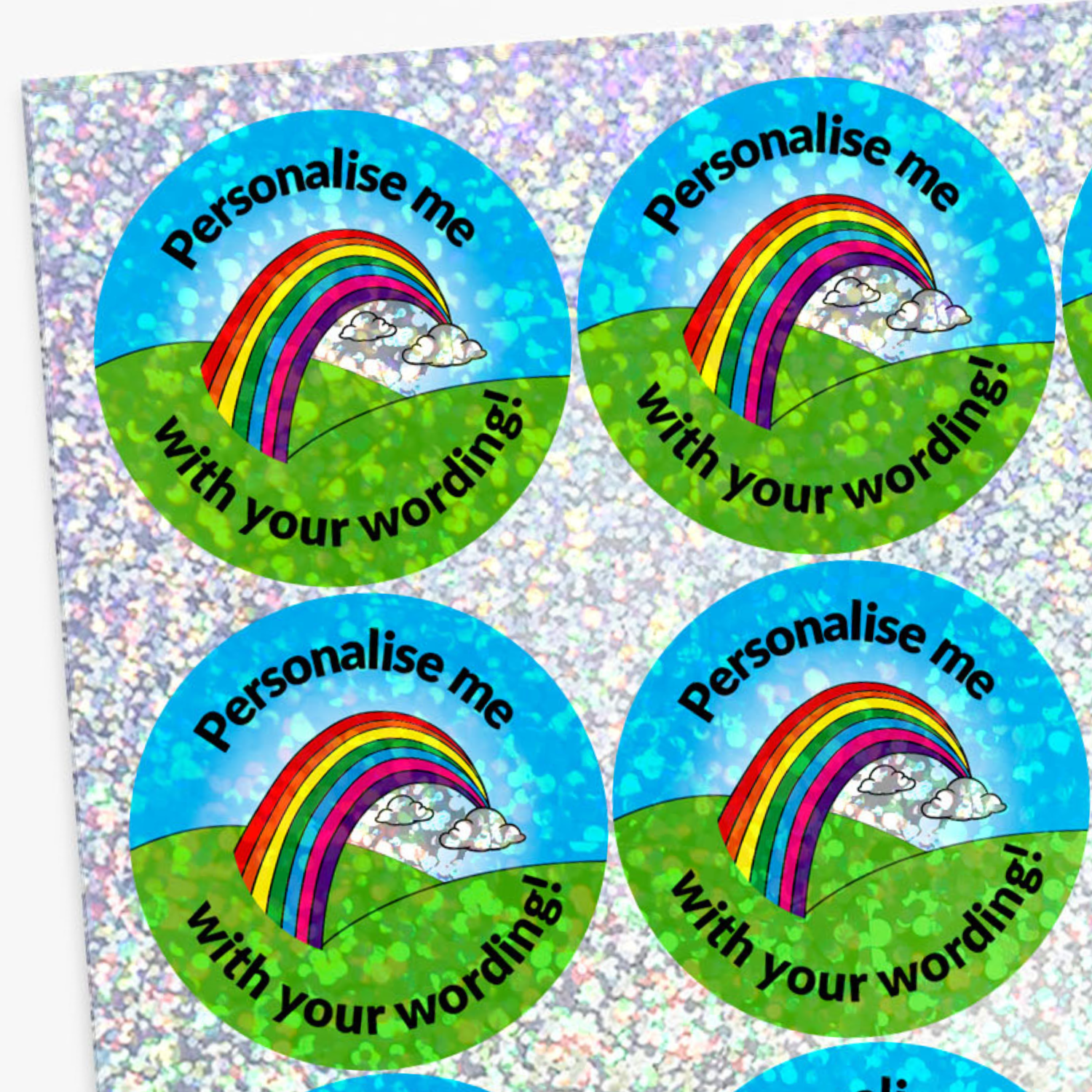 Round stickers with rainbows and text on a glittery background