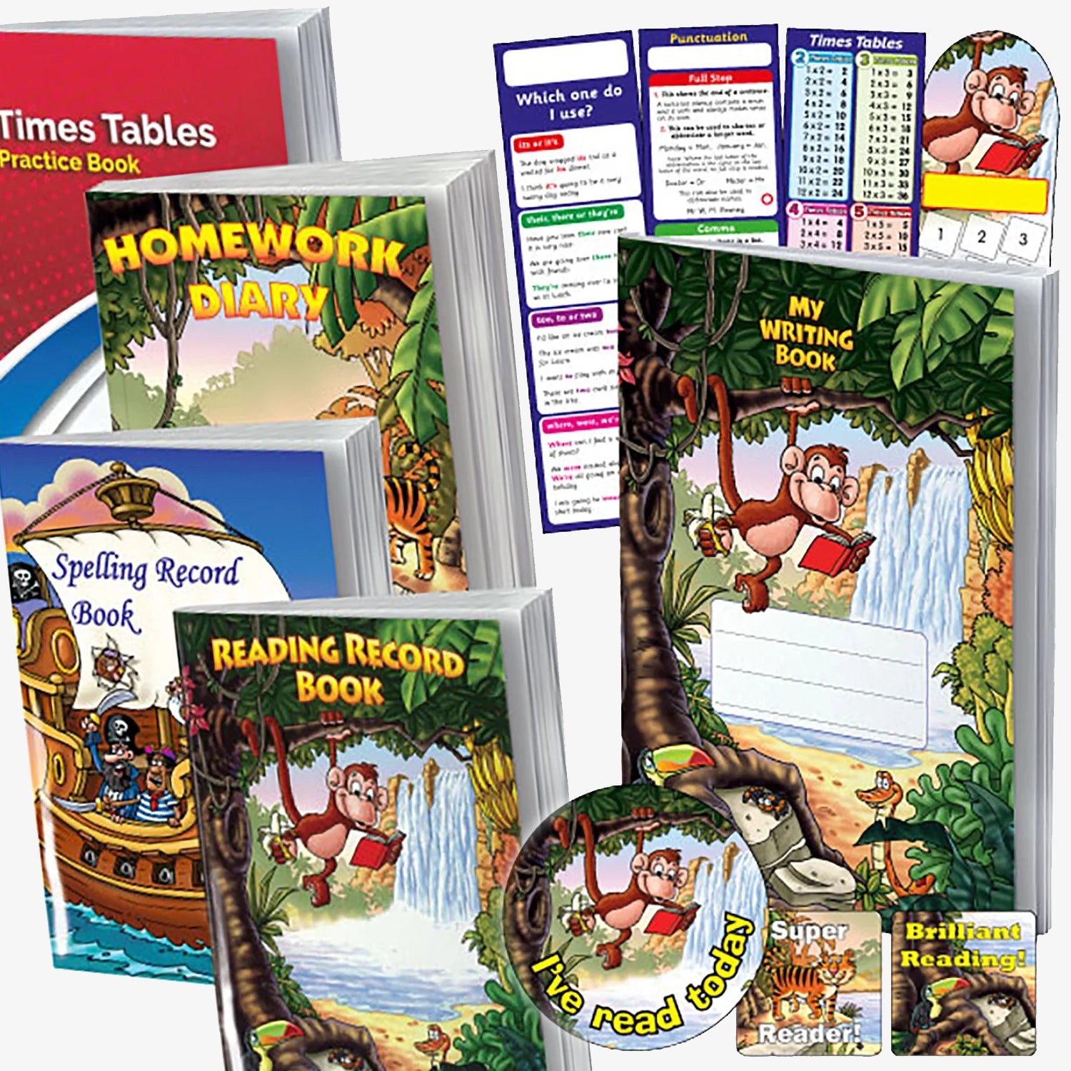 Educational books and materials for children with a jungle theme on a white background
