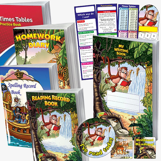 Educational books and materials for children with a jungle theme on a white background