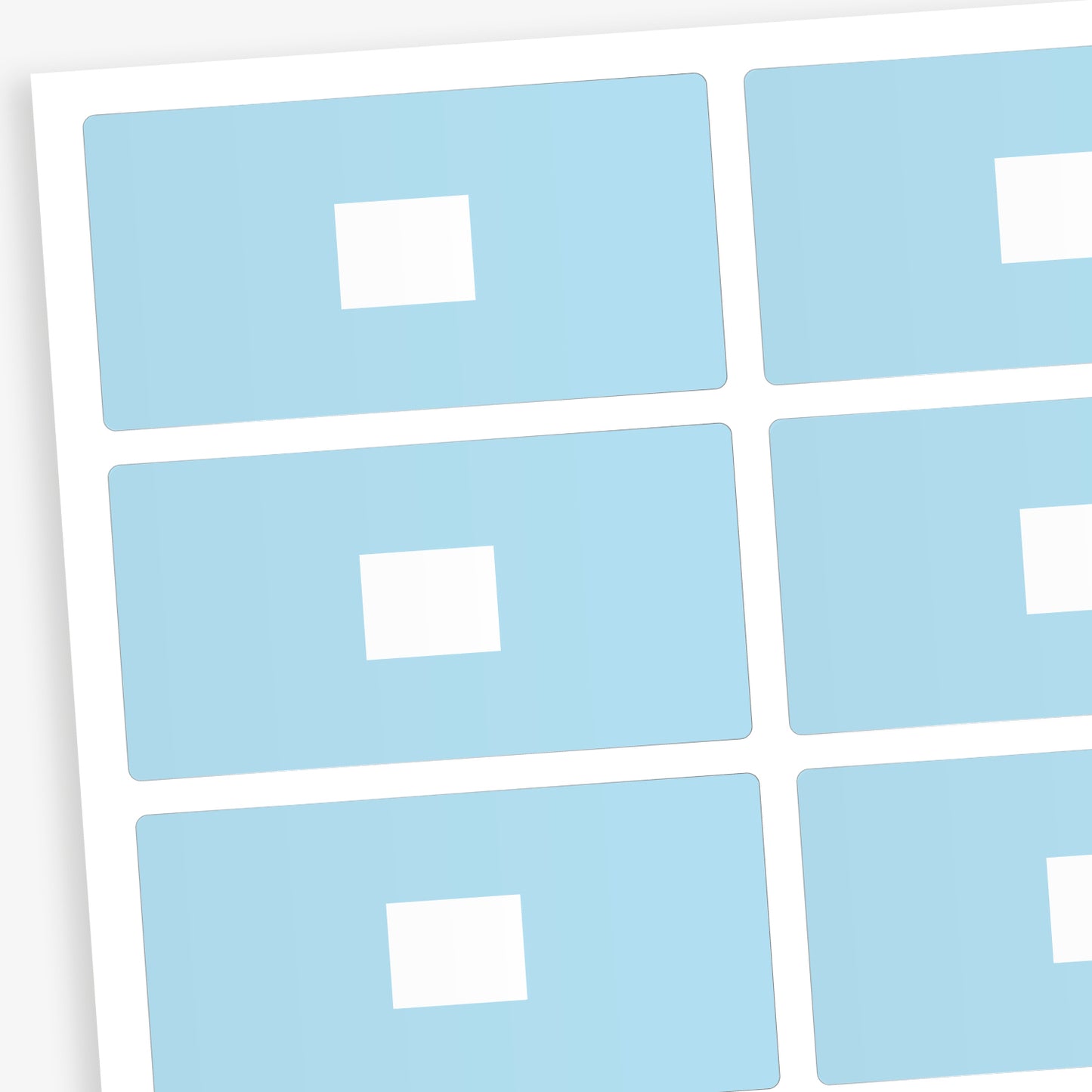 A set of 100 rectangular library labels, each measuring 72mm by 38mm, featuring a pastel blue background with a white central panel for handwritten or printed text; designed to assist in categorising and organising books within educational settings