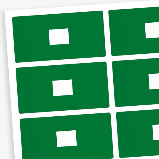 A set of 100 rectangular library labels, each measuring 72mm by 38mm, featuring a dark green background with a white central panel for handwritten or printed text; designed to assist in categorising and organising books within educational settings