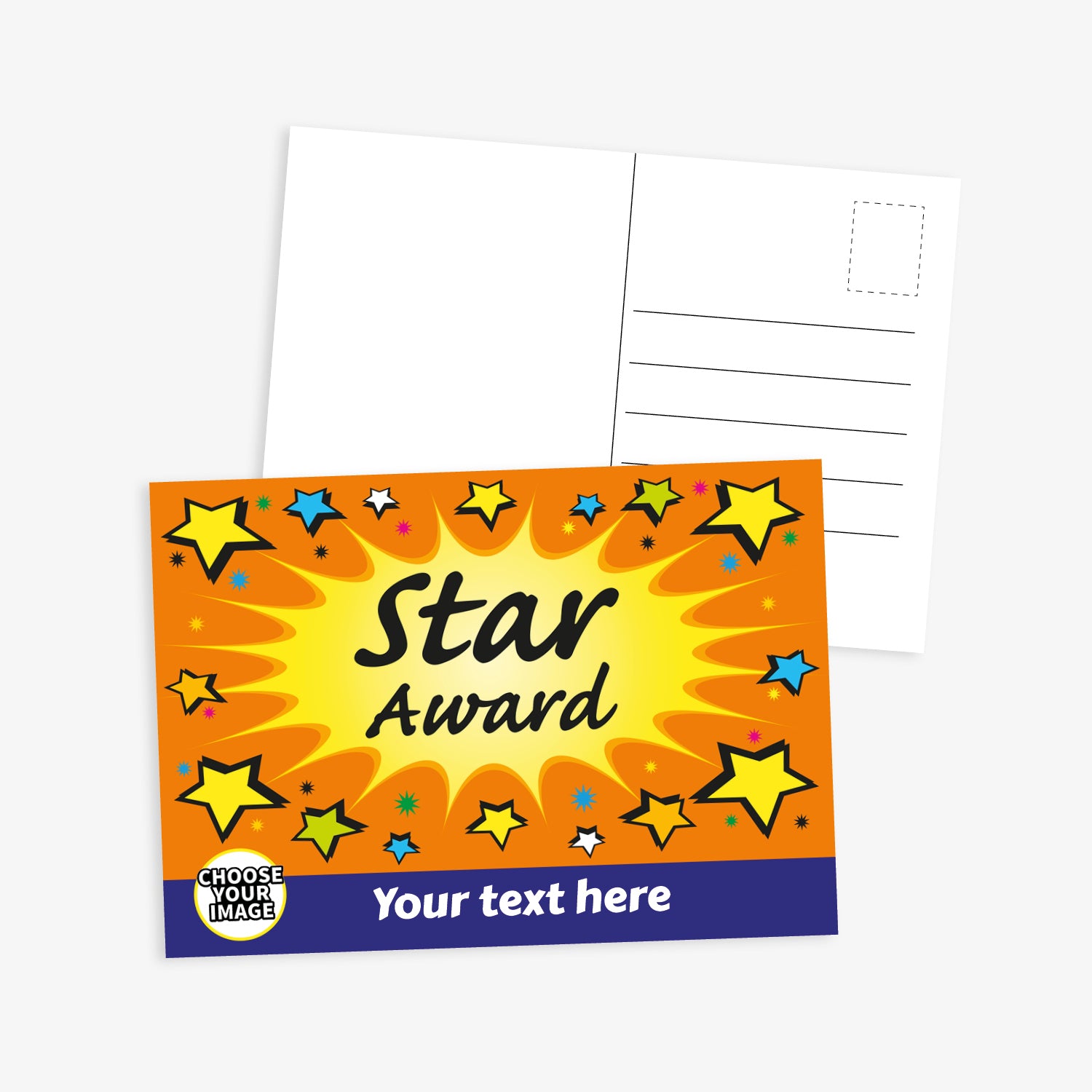 Vibrant star-themed postcard-style certificate with an orange and yellow burst background, decorated with scattered stars. The front reads 'Star Award' in bold black text and has a customisable area at the bottom for personal text and image. The reverse side includes space for a message, address, and stamp