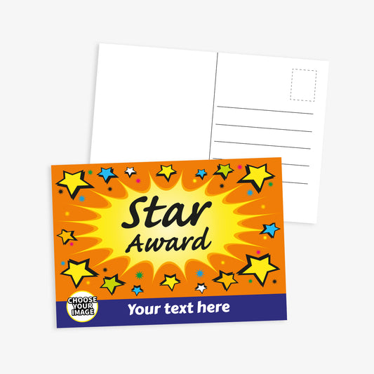 Vibrant star-themed postcard-style certificate with an orange and yellow burst background, decorated with scattered stars. The front reads 'Star Award' in bold black text and has a customisable area at the bottom for personal text and image. The reverse side includes space for a message, address, and stamp