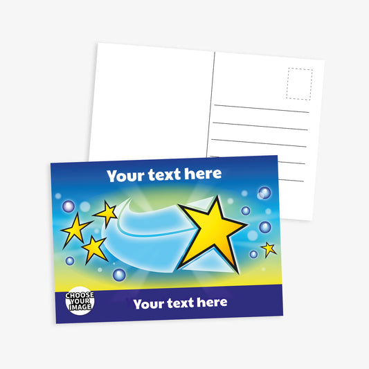 A colourful postcard with a dynamic star-themed design on the front and a standard blank back for writing. The front features a large yellow star, smaller stars, and swirling blue and green gradients with bubbles. Placeholder text at the top and bottom reads 'Your text here'. A badge in the corner says 'CHOOSE YOUR IMAGE'. The reverse includes lines for a message, address, and stamp