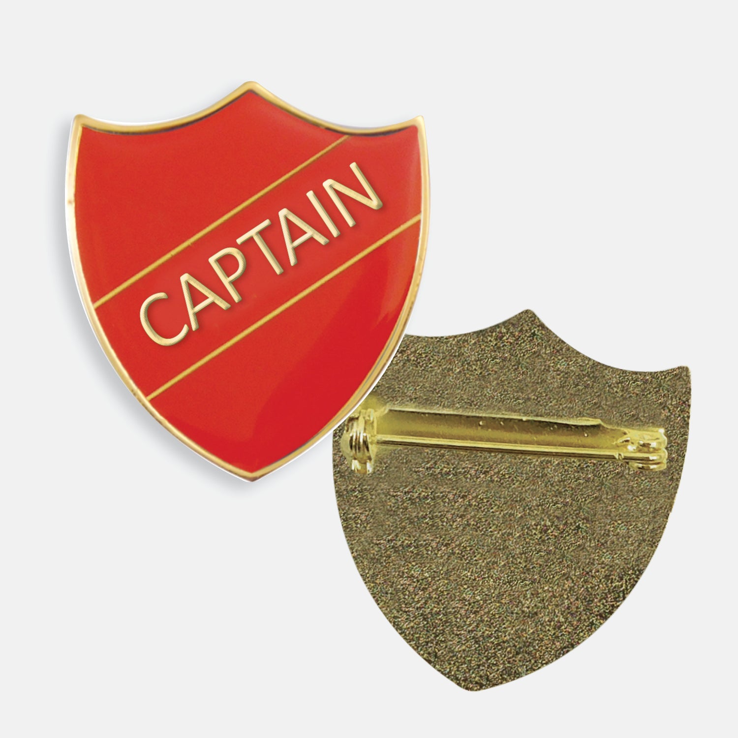 Red enamel badge in the shape of a shield with gold trim and diagonal gold line either side of the word 'CAPTAIN' in capital letters. The reverse side shows a textured gold back with a pin fastening