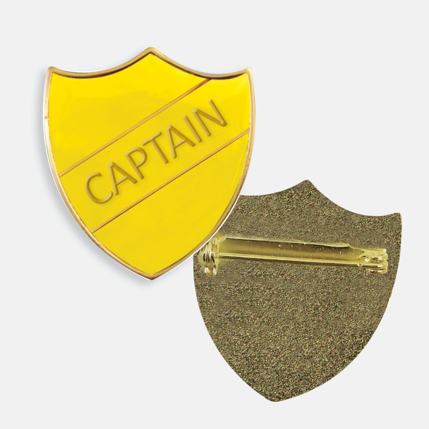 Yellow enamel badge in the shape of a shield with gold trim and diagonal gold line either side of the word 'CAPTAIN' in capital letters. The reverse side shows a textured gold back with a pin fastening