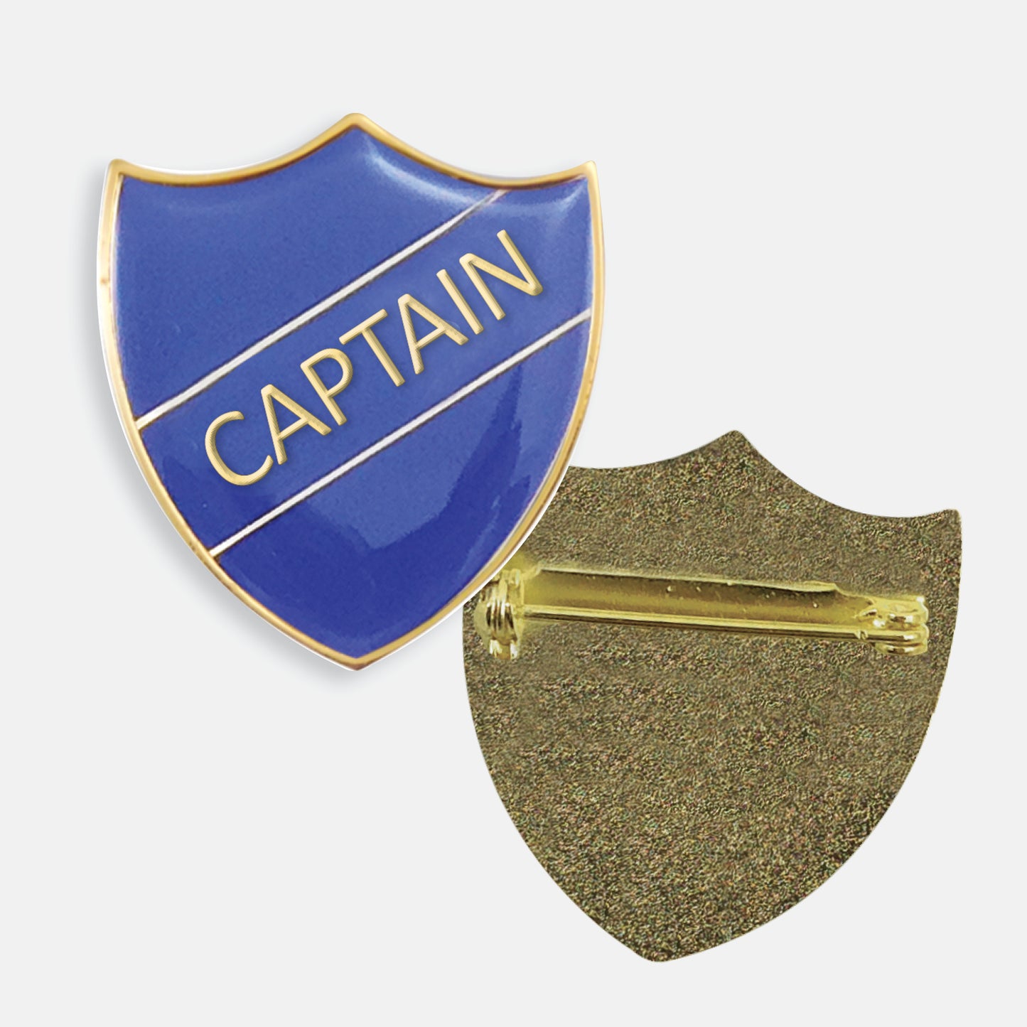 Blue enamel badge in the shape of a shield with gold trim and diagonal gold line either side of the word 'CAPTAIN' in capital letters. The reverse side shows a textured gold back with a pin fastening