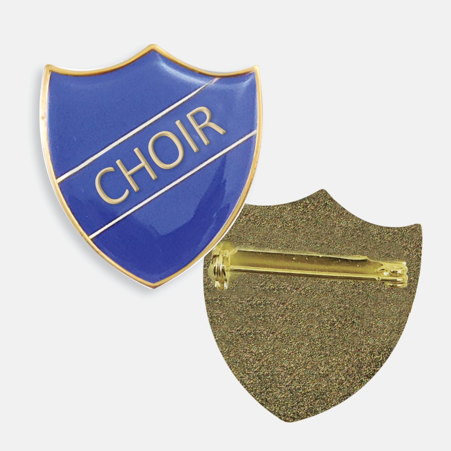Blue enamel badge in the shape of a shield with gold trim and diagonal gold line either side of the word 'CHOIR' in capital letters. The reverse side shows a textured gold back with a pin fastening