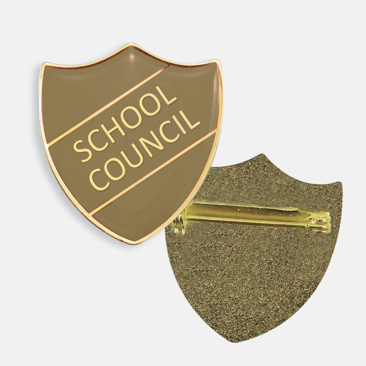 Purple enamel badge in the shape of a shield with gold trim and diagonal gold line either side of the words 'SCHOOL COUNCIL' in capital letters. The reverse side shows a textured gold back with a pin fastening