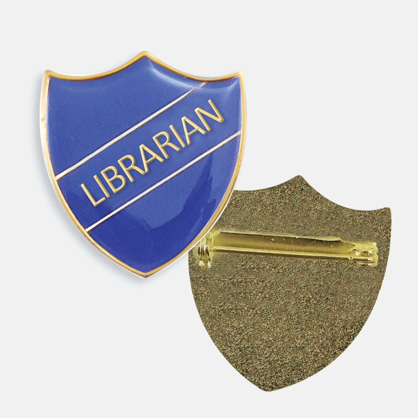 Blue enamel badge in the shape of a shield with gold trim and diagonal gold line either side of the word 'LIBRARIAN' in capital letters. The reverse side shows a textured gold back with a pin fastening