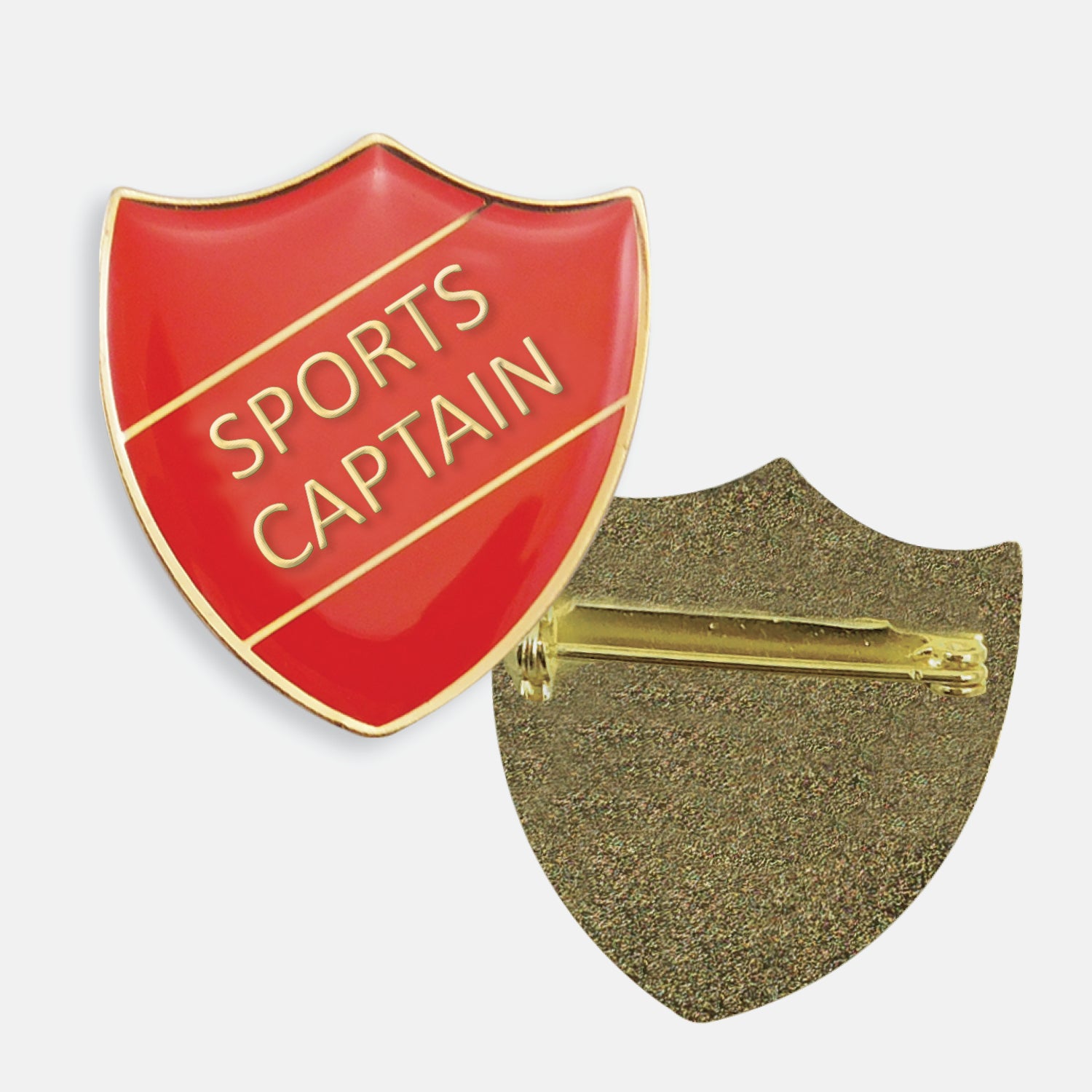 Red enamel badge in the shape of a shield with gold trim and diagonal gold line either side of the words 'SPORTS CAPTAIN' in capital letters. The reverse side shows a textured gold back with a pin fastening
