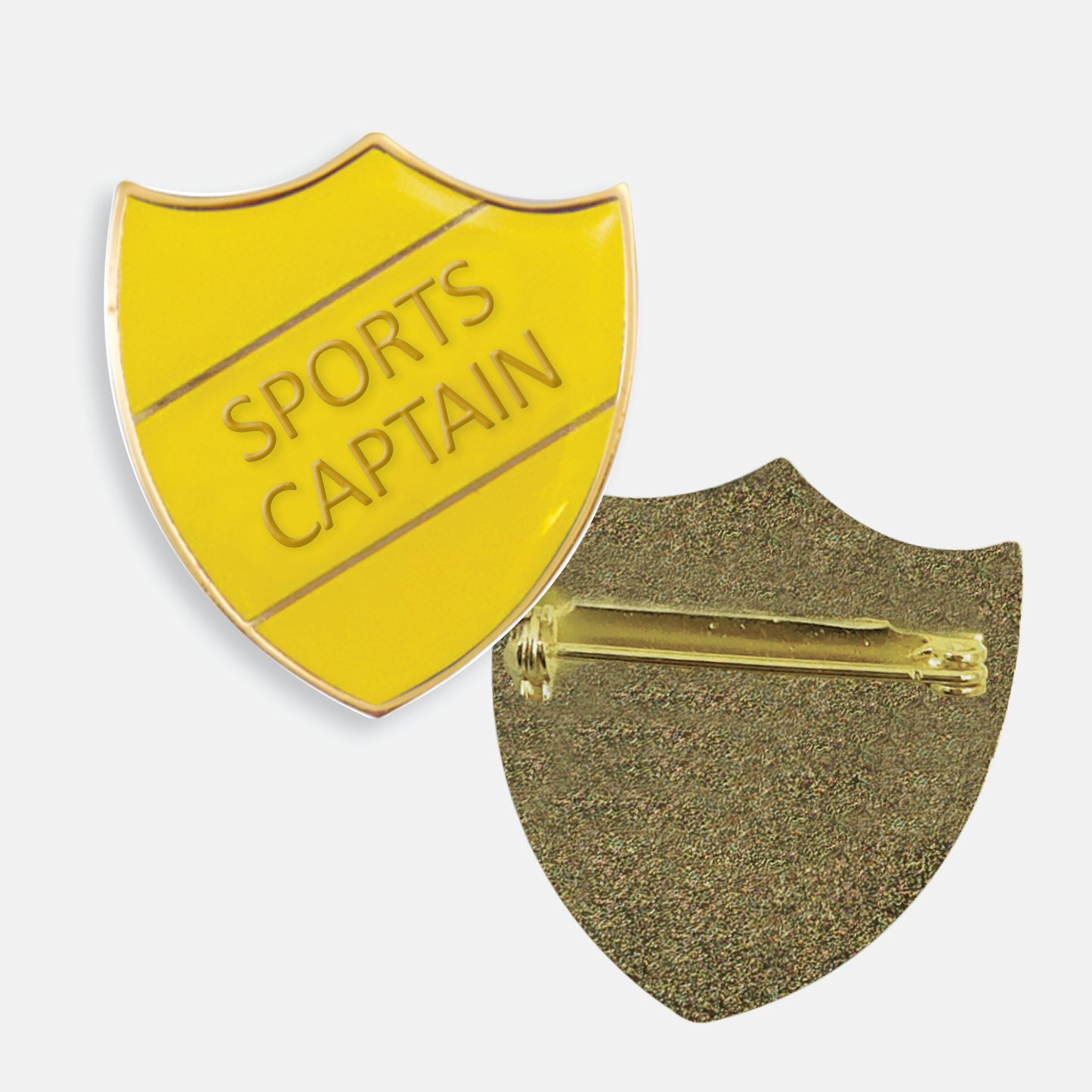 Yellow enamel badge in the shape of a shield with gold trim and diagonal gold line either side of the words 'SPORTS CAPTAIN' in capital letters. The reverse side shows a textured gold back with a pin fastening