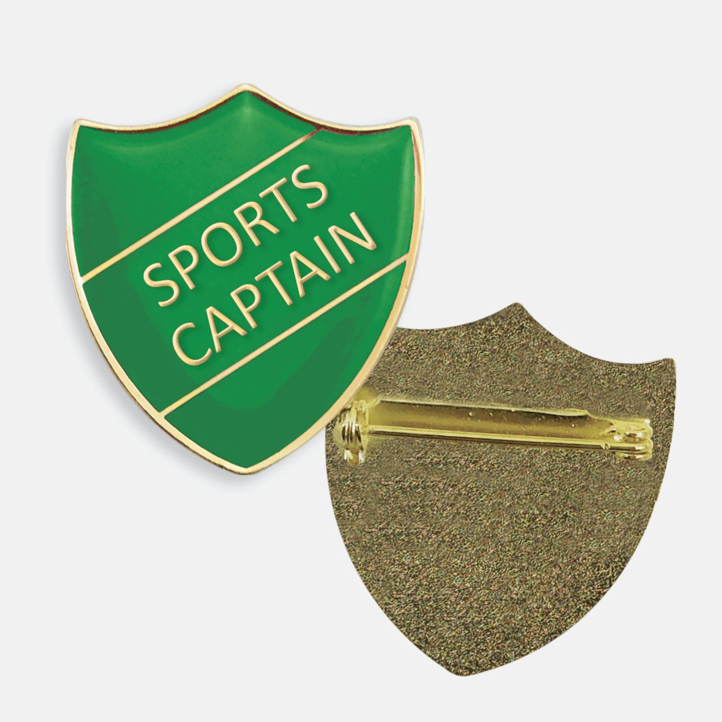 Green enamel badge in the shape of a shield with gold trim and diagonal gold line either side of the words 'SPORTS CAPTAIN' in capital letters. The reverse side shows a textured gold back with a pin fastening