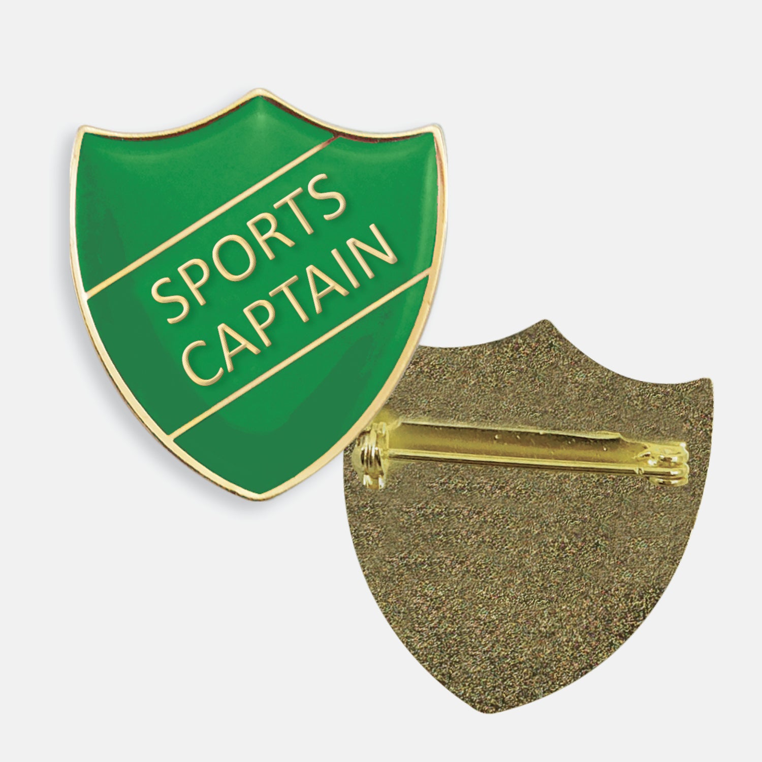 Green enamel badge in the shape of a shield with gold trim and diagonal gold line either side of the words 'SPORTS CAPTAIN' in capital letters. The reverse side shows a textured gold back with a pin fastening
