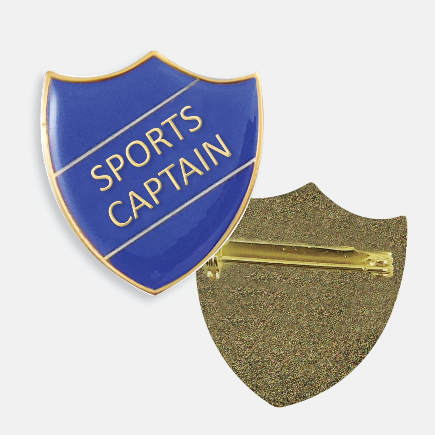 Blue enamel badge in the shape of a shield with gold trim and diagonal gold line either side of the words 'SPORTS CAPTAIN' in capital letters. The reverse side shows a textured gold back with a pin fastening