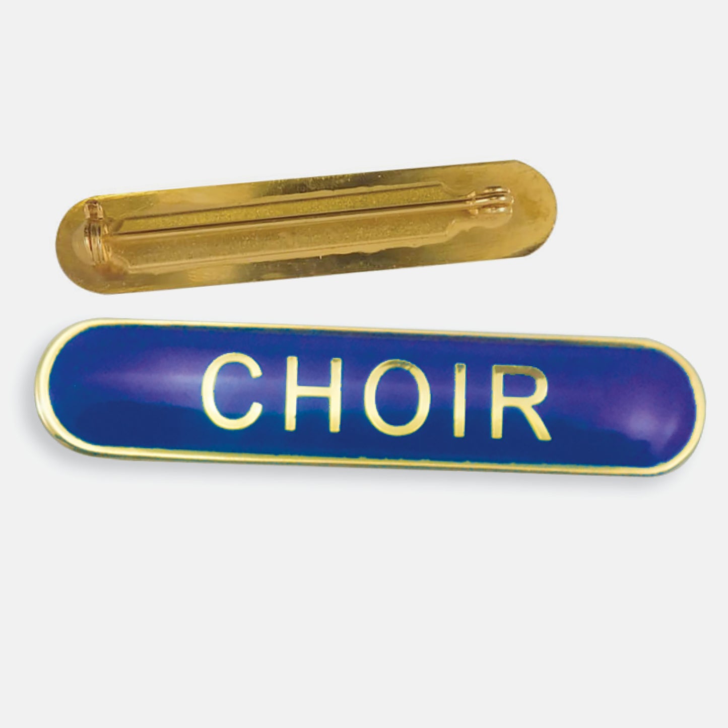 Blue enamel badge in a long oval shape with the word 'CHOIR' central in gold capital letters. The reverse side shows a gold back with a pin fastening