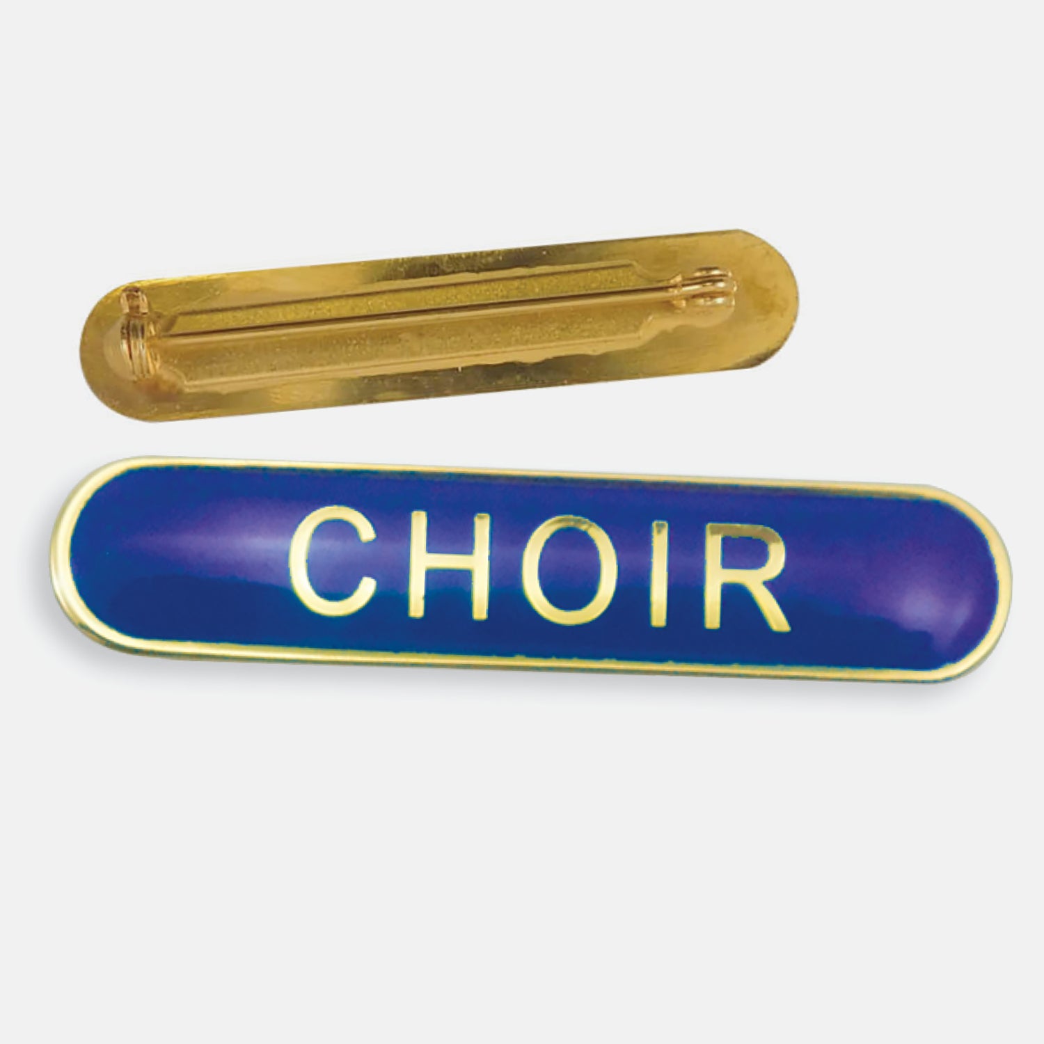 Blue enamel badge in a long oval shape with the word 'CHOIR' central in gold capital letters. The reverse side shows a gold back with a pin fastening