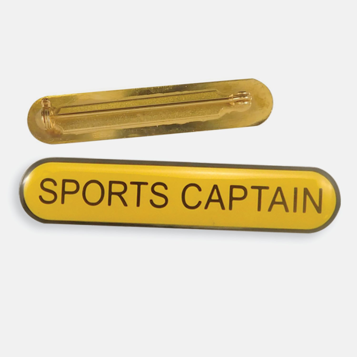 Yellow enamel badge in a long oval shape with a gold trim and the words 'SPORTS CAPTAIN' central in gold capital letters. The reverse side shows a gold back with a pin fastening