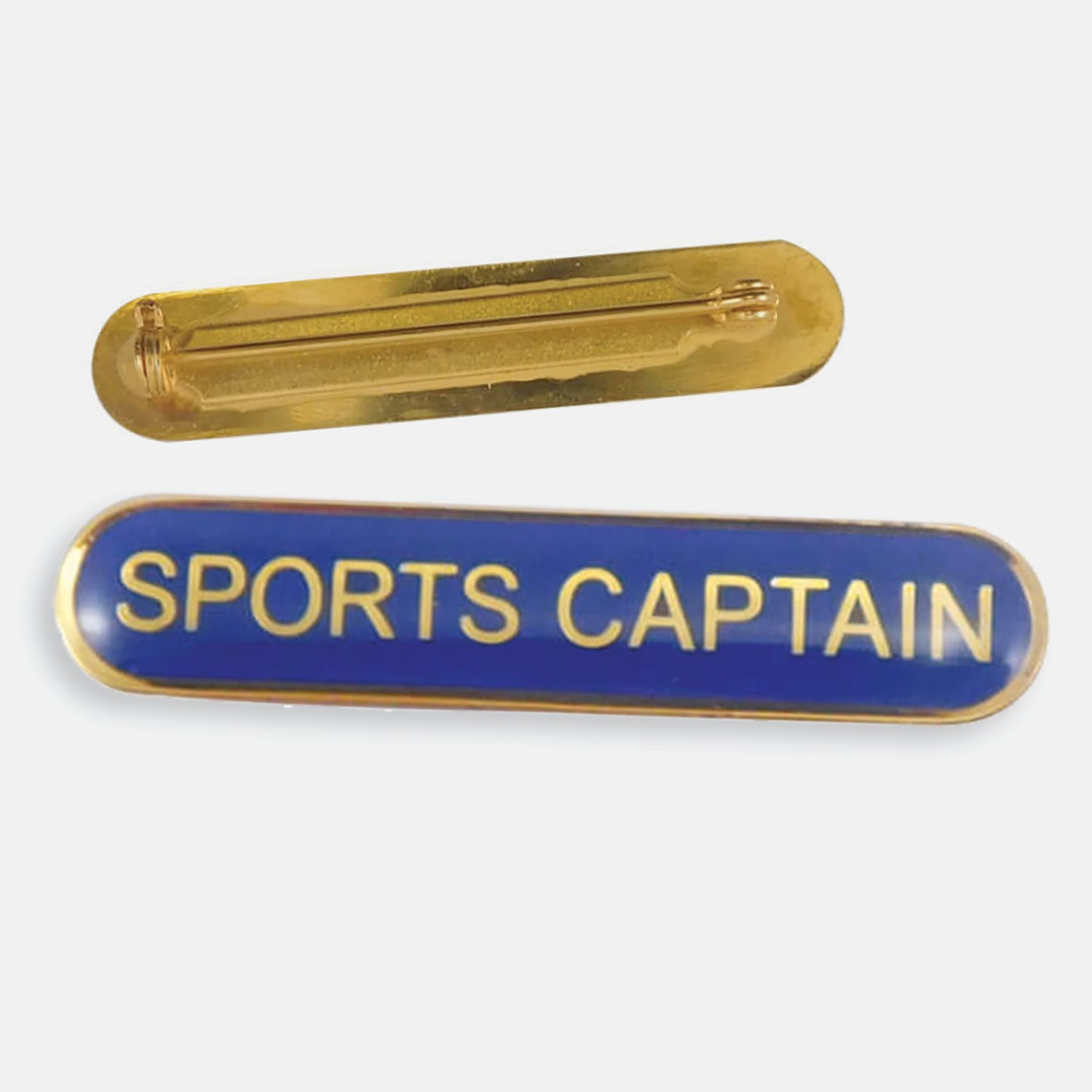 Blue enamel badge in a long oval shape with a gold trim and the words 'SPORTS CAPTAIN' central in gold capital letters. The reverse side shows a gold back with a pin fastening