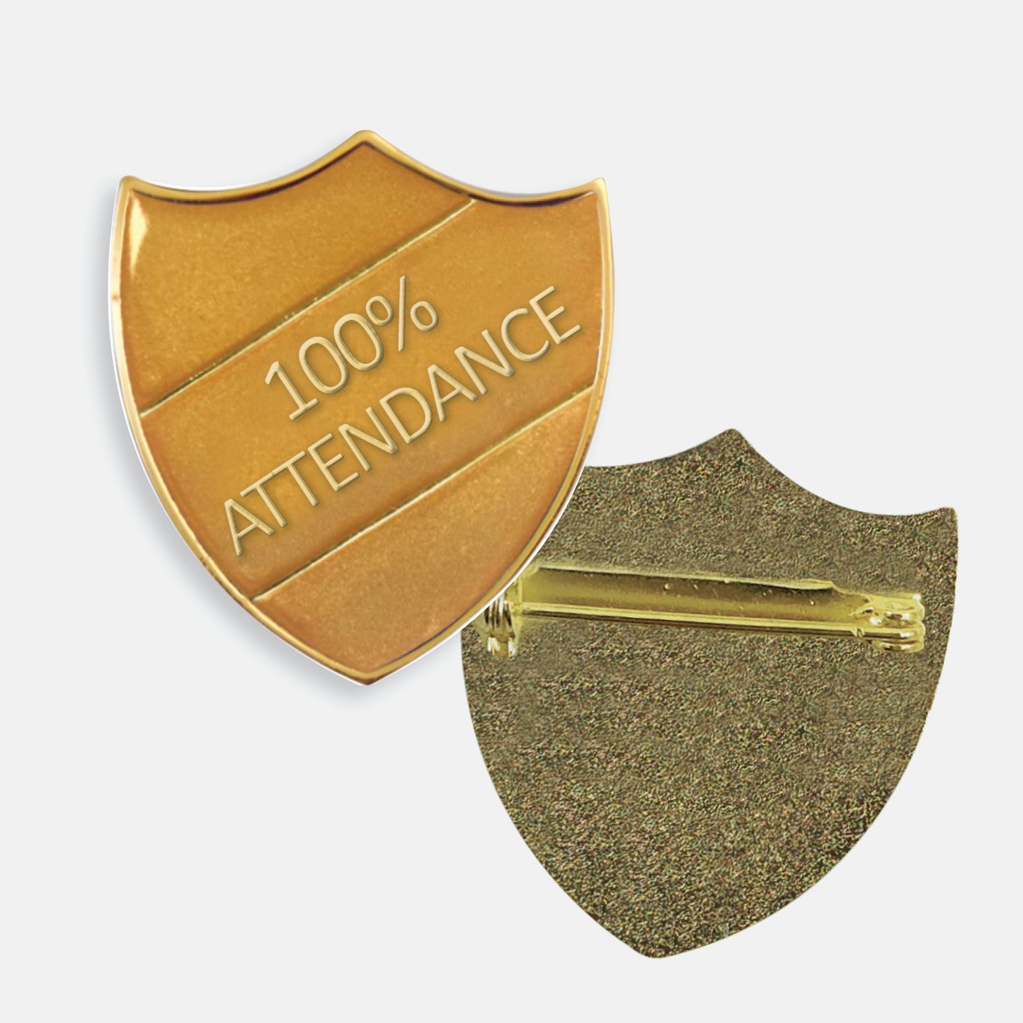 Gold enamel badge in the shape of a shield with gold trim and diagonal gold line either side of the wording '100% ATTENDANCE' in capital letters. The reverse side shows a textured gold back with a pin fastening