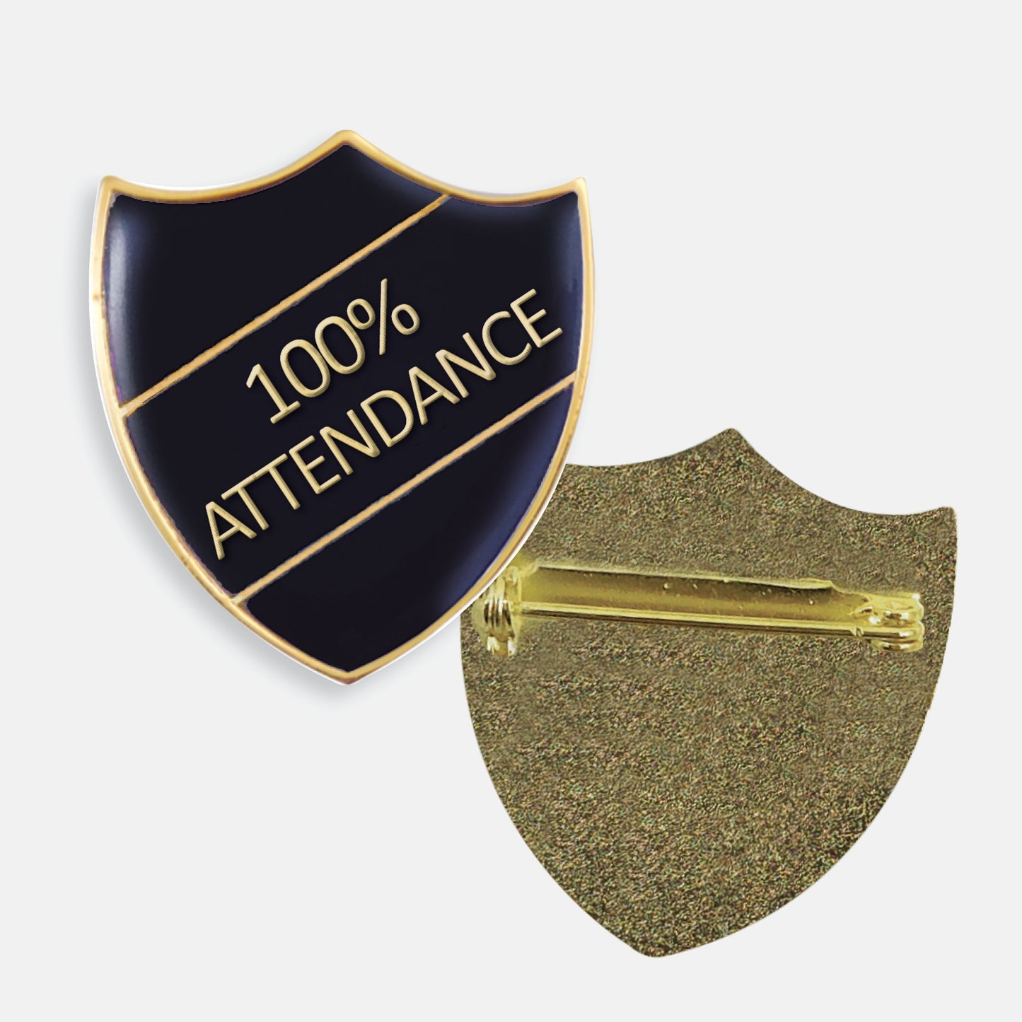 Black enamel badge in the shape of a shield with gold trim and diagonal gold line either side of the wording '100% ATTENDANCE' in capital letters. The reverse side shows a textured gold back with a pin fastening