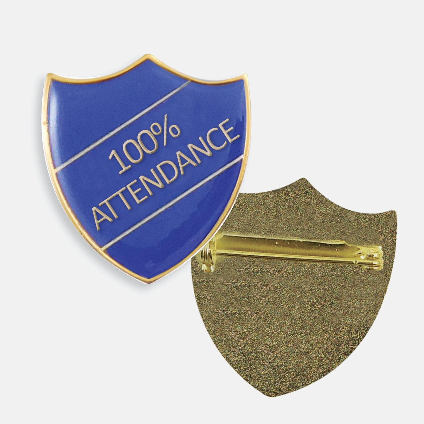 Blue enamel badge in the shape of a shield with gold trim and diagonal gold line either side of the wording '100% ATTENDANCE' in capital letters. The reverse side shows a textured gold back with a pin fastening