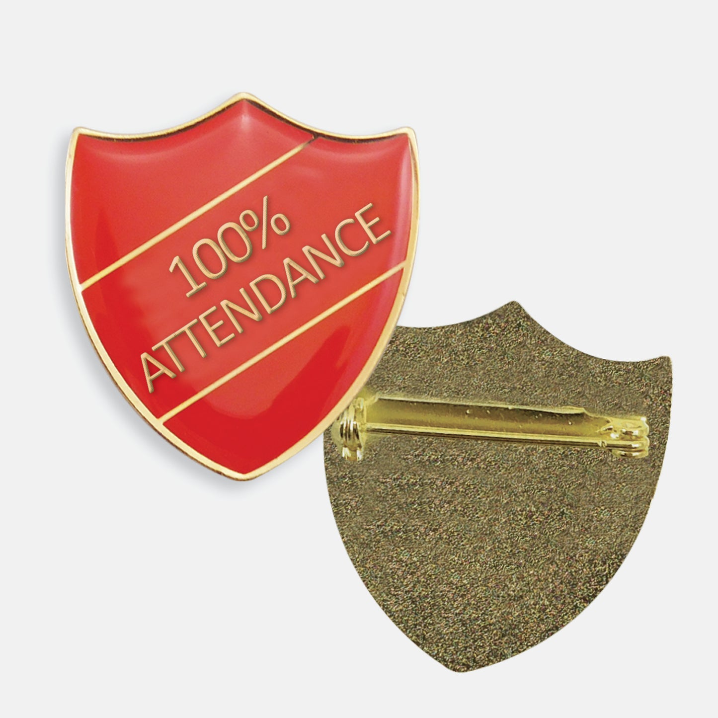 Red enamel badge in the shape of a shield with gold trim and diagonal gold line either side of the wording '100% ATTENDANCE' in capital letters. The reverse side shows a textured gold back with a pin fastening