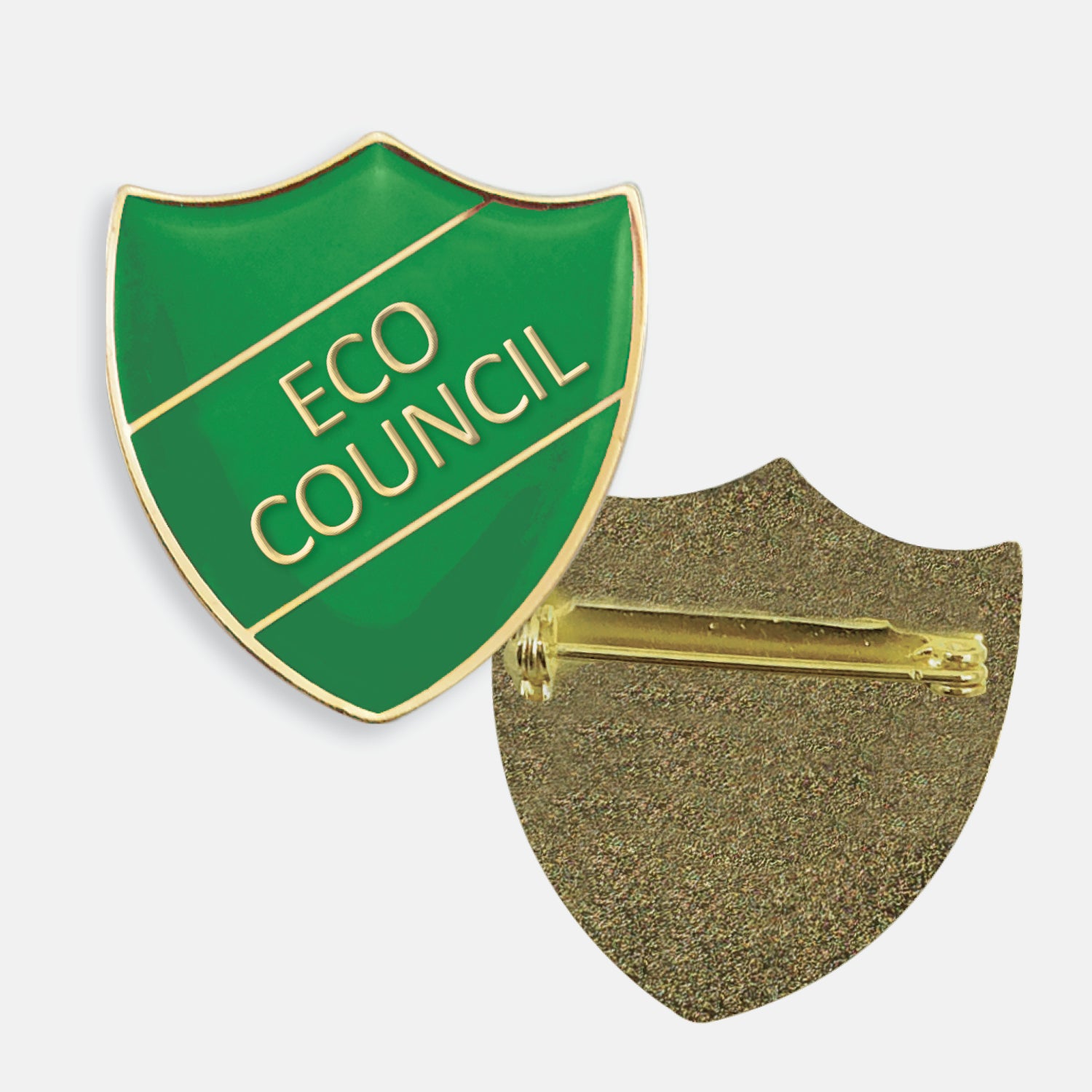 Green enamel badge in the shape of a shield with gold trim and diagonal gold line either side of the wording 'ECO COUNCIL' in capital letters. The reverse side shows a textured gold back with a pin fastening