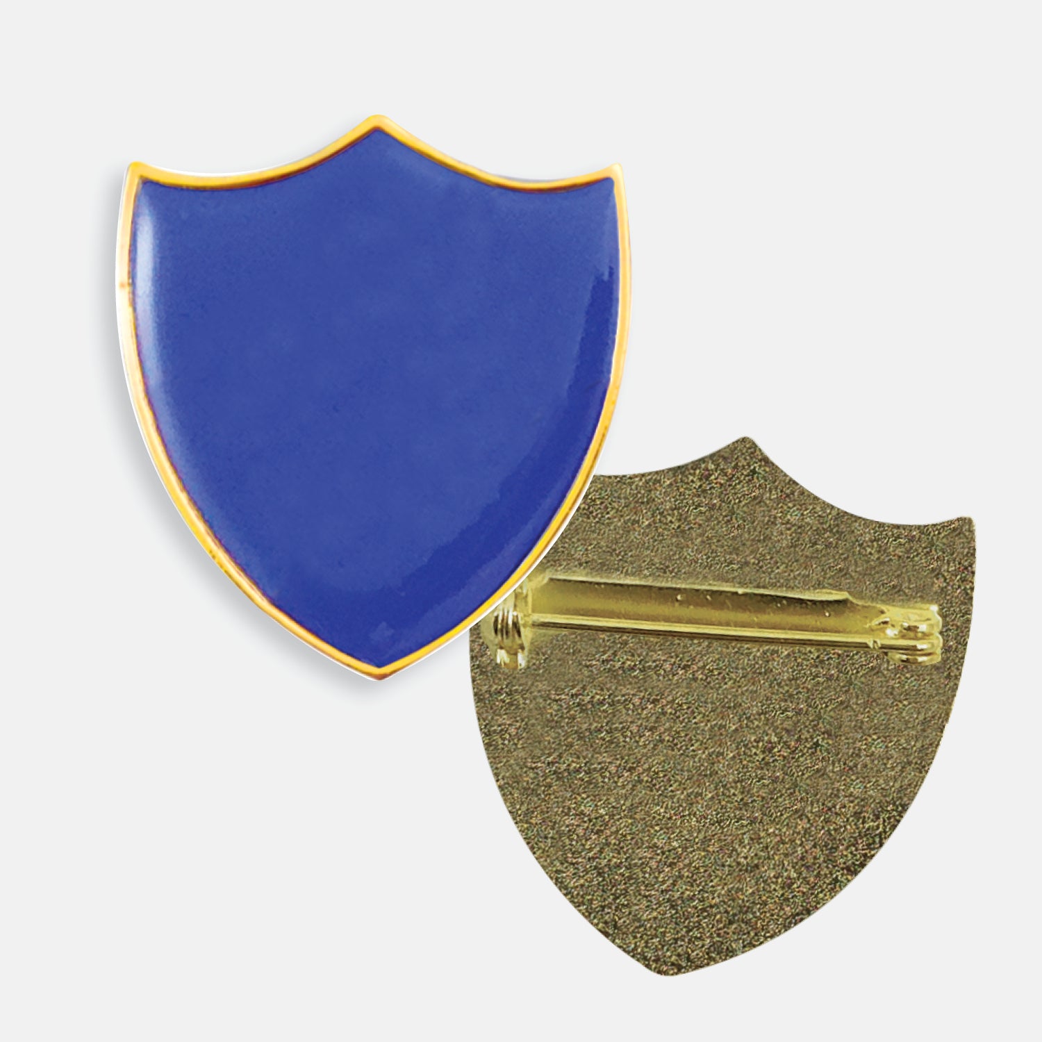 Blue enamel badge in the shape of a shield with gold trim. The reverse side shows a textured gold back with a pin fastening
