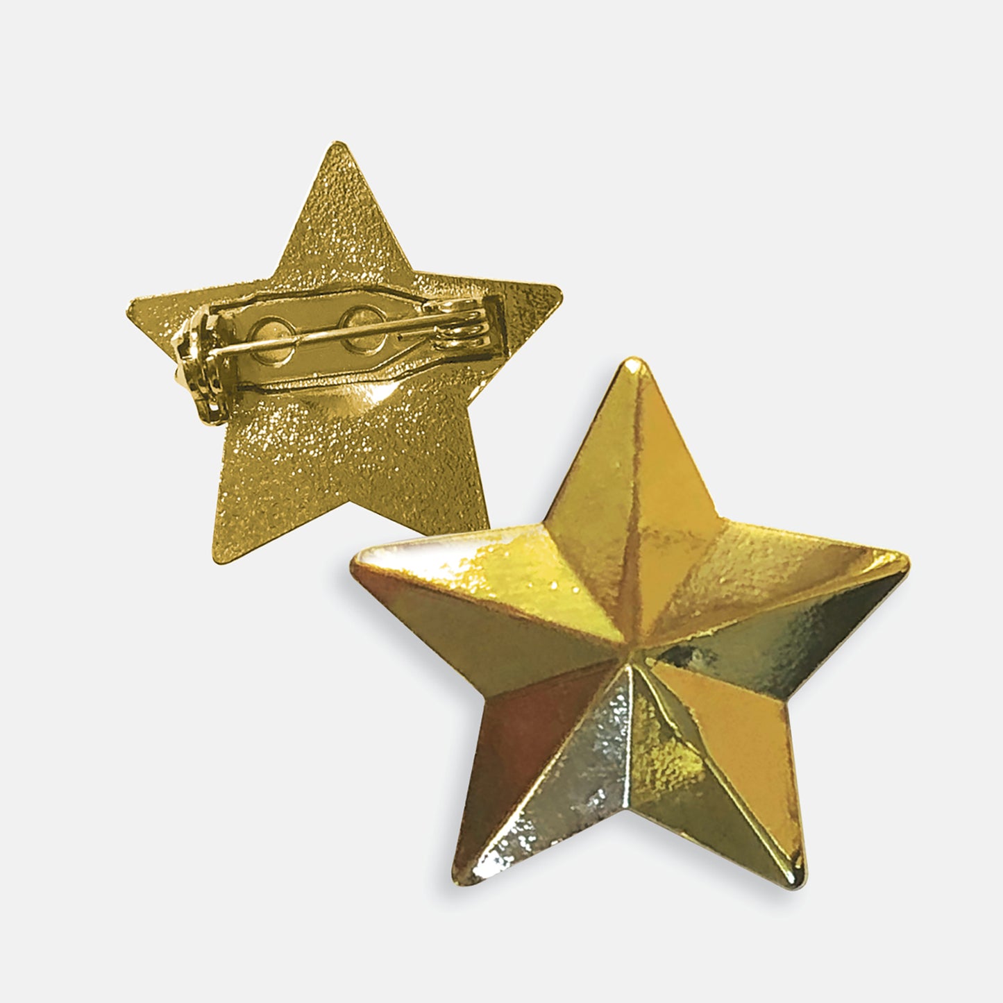 Gold-coloured pin badge in the shape of a 3D star, with one badge showing the front and another showing the back with a pin fastening.