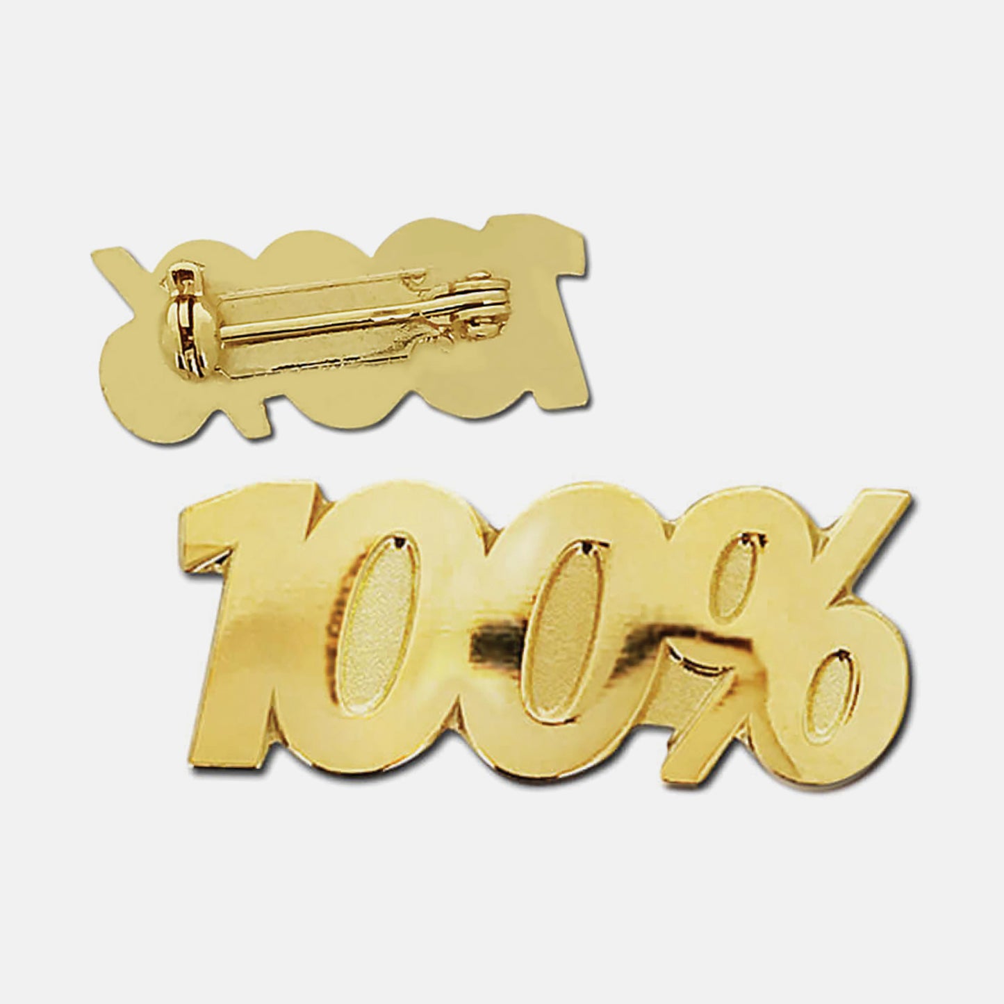 Gold-coloured pin badge in the shape of the text '100%', with one badge showing the front and another showing the back with a pin fastening.