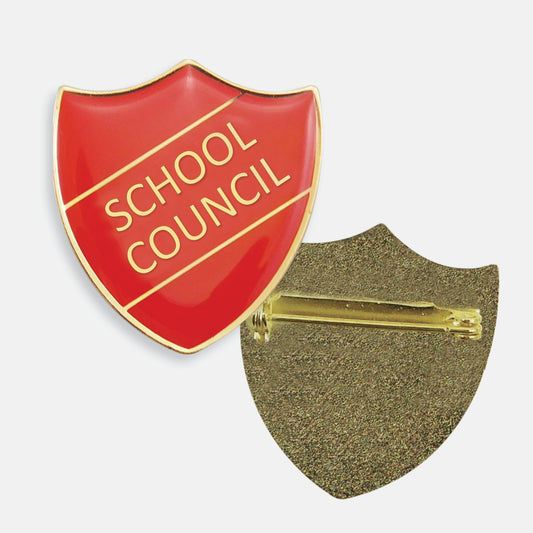 Red enamel badge in the shape of a shield with gold trim and diagonal gold line either side of the words 'SCHOOL COUNCIL' in capital letters. The reverse side shows a textured gold back with a pin fastening