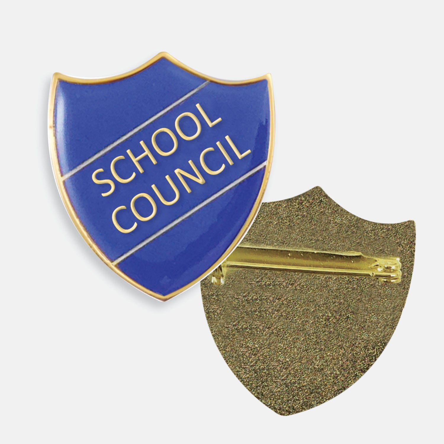 Red enamel badge in the shape of a shield with gold trim and diagonal gold line either side of the words 'SCHOOL COUNCIL' in capital letters. The reverse side shows a textured gold back with a butterfly fastening