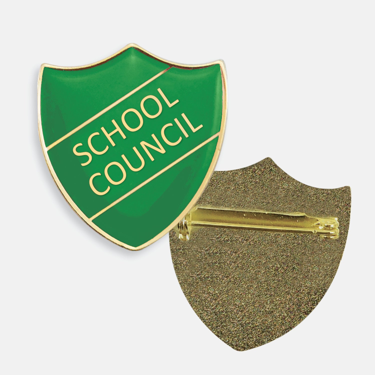 Blue enamel badge in the shape of a shield with gold trim and diagonal gold line either side of the words 'SCHOOL COUNCIL' in capital letters. The reverse side shows a textured gold back with a pin fastening