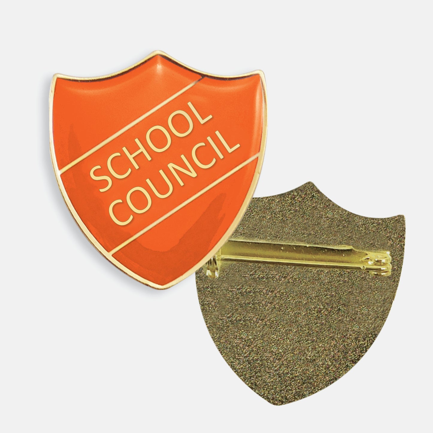 Green enamel badge in the shape of a shield with gold trim and diagonal gold line either side of the words 'SCHOOL COUNCIL' in capital letters. The reverse side shows a textured gold back with a pin fastening