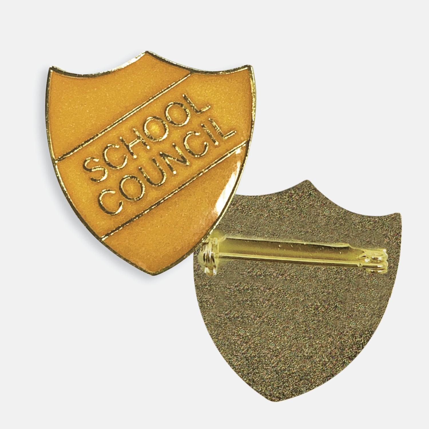 Yellow enamel badge in the shape of a shield with gold trim and diagonal gold line either side of the words 'SCHOOL COUNCIL' in capital letters. The reverse side shows a textured gold back with a pin fastening