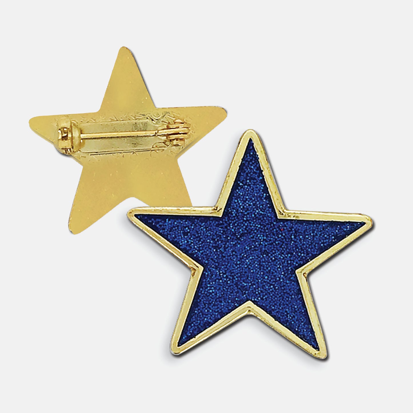 Blue glittery enamel badge in the shape of a star with gold trim. The reverse side shows a gold back with a pin fastening