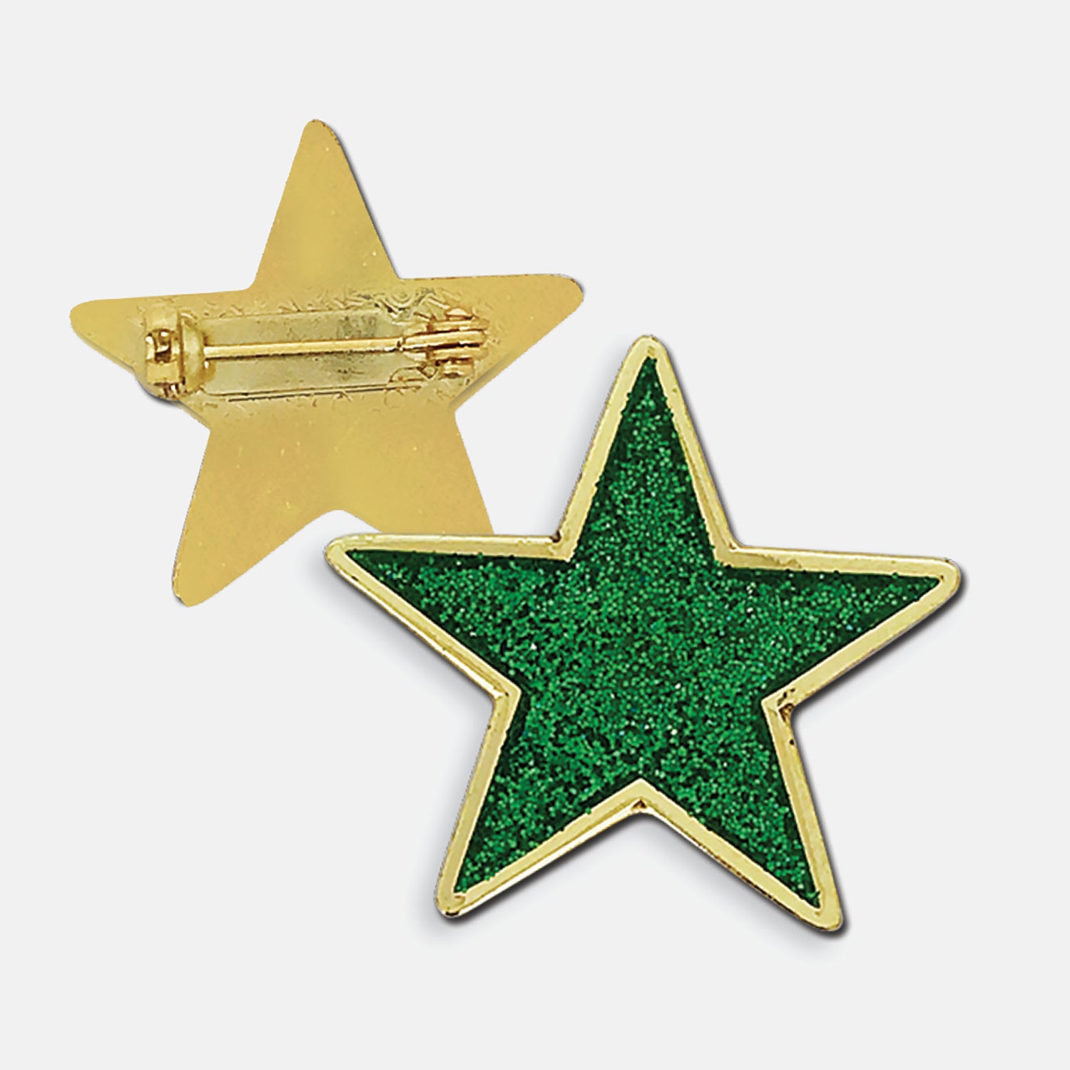 Green glittery enamel badge in the shape of a star with gold trim. The reverse side shows a gold back with a pin fastening
